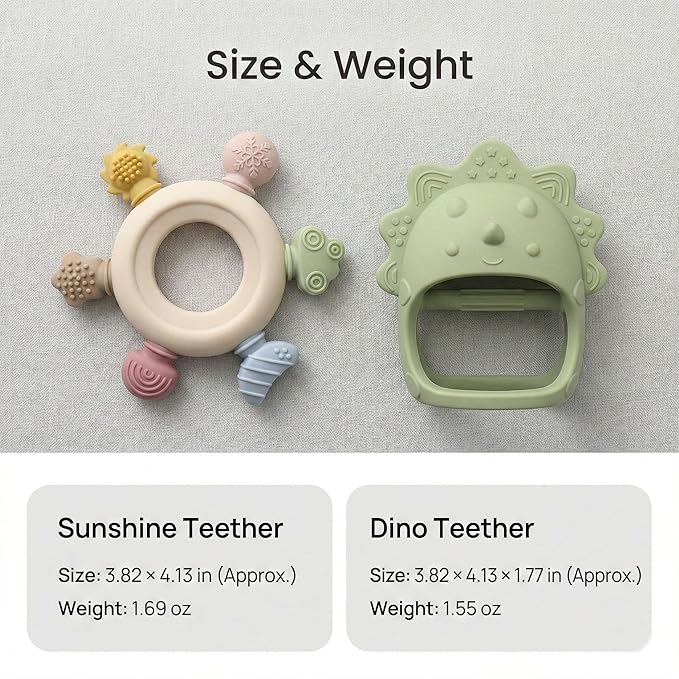 Baby Teething Toys 2 Pack, Dinosaur Mitten Teether and Ring Sun Teether with 6 Chewing Points, Silicone Chew Toys for Infants 0-6 6-12 Months, BPA Free Soothing Gum Relief Set (Green)
