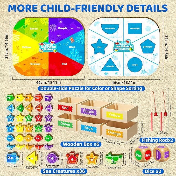 Montessori Toys for Toddlers 1-3, Magnetic Fishing Game for Kids 2-4, Color & Shape Sorter Educational Learning Toys with Wooden Box & Puzzle for Boys Girls 3-5