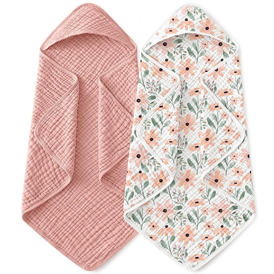 Yoofoss Hooded Baby Towels for Newborn 2 Pack 100% Muslin Organic Cotton Baby Bath Towel with Hood for Babies, Infant, Toddler and Kids, Large 32x32Inch, Soft and Absorbent Newborn Essential
