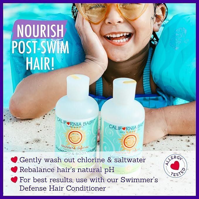California Baby Swimmer’s Defense Baby Wash + Baby Shampoo | After Swim Hydrating Shampoo | 100% Plant-Based | Gentle Chlorine Removal | 8.5 oz