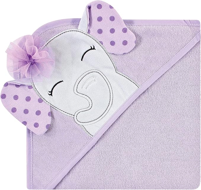 Hudson Baby Unisex Baby Cotton Rich Hooded Towels, Purple Dots Pretty Elephant, One Size