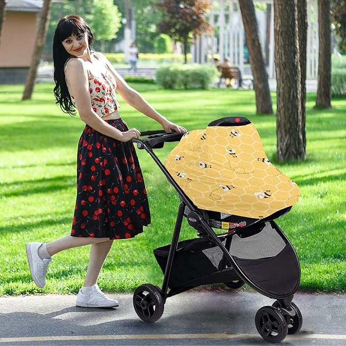 Cute Bee On Honey Yellow Honeycomb Pattern Stretchy Baby Car Seat Cover Infant Canopy Nursing Covers Breastfeeding Cover Breathable Windproof Winter Scarf for Boys Girls