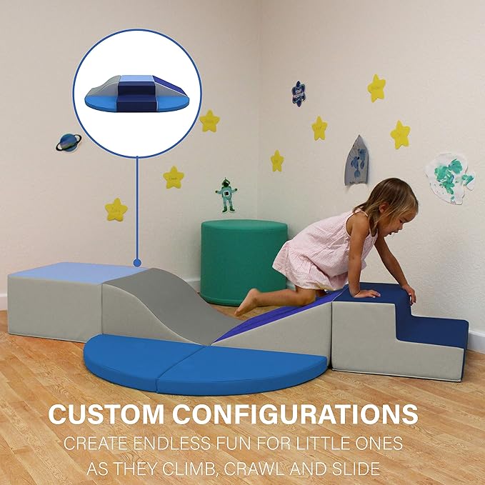 FDP SoftScape Playtime All Around Climber for Crawling Infants and Toddlers, Soft Foam Indoor Active Play with Steps and Slides, Growing Minds and Motor Skills (6-Piece) - Navy/Powder Blue, 13021-NVPB