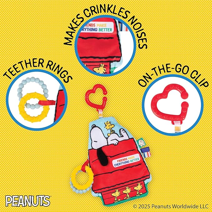 Kids Preferred Peanuts Snoopy Sensory Crinkle Teether Toys for Newborn Baby Boys and Girls with On-The-Go Clip for Stroller and Car Seat, 10 inches