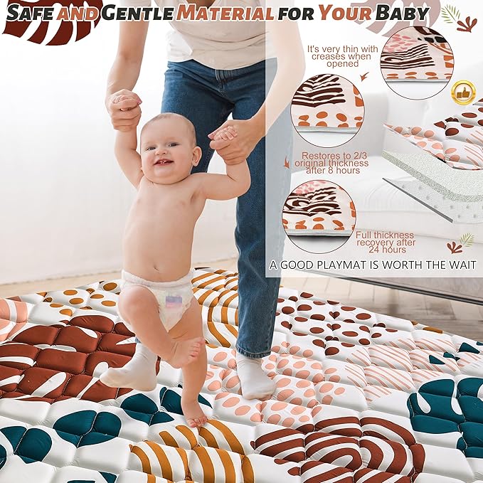 Baby Play Mats for Floor, Playpen Mat for Babies, Extra Thicker & Soft Floor Crawling Mat, Foldable Non-Slip Playmat Cushioned for Infants Toddlers (Brown, 47x47 Inch)