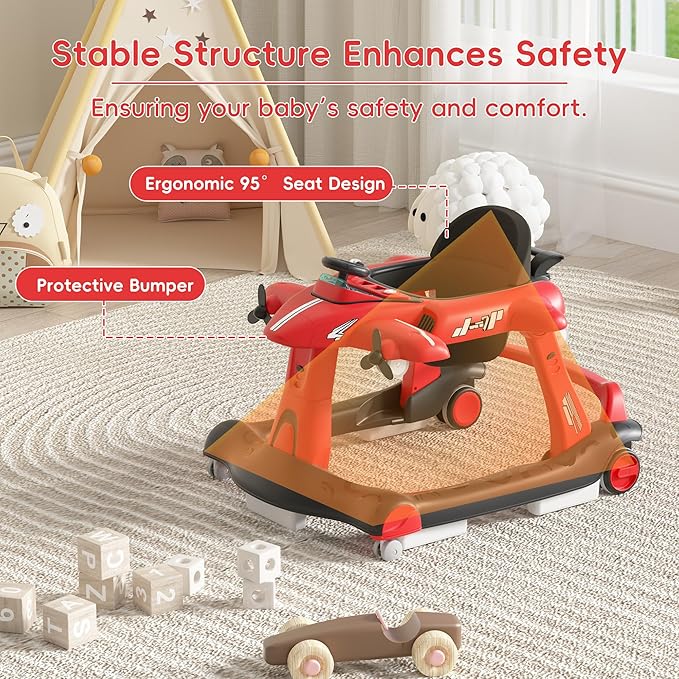 Betterhood 6-in-1 Foldable Baby Walker with Adjustable Height & Speed, Airplane-Themed Activity Push Walker with Music & Lights, Wheels, Anti-Slip Design, Suitable for Boys & Girls Aged 6-18 Months