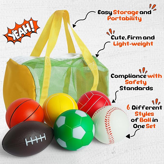 Billeeit Mini Sports Balls Set for Toddler 1-3, Sports Bag for Kids, Include 1 Each of 3.5" Foam Soccer, Tennis Ball, Basketball, Football, Baseball, Volleyball, Fun Baby Ball Toys, Set of 6