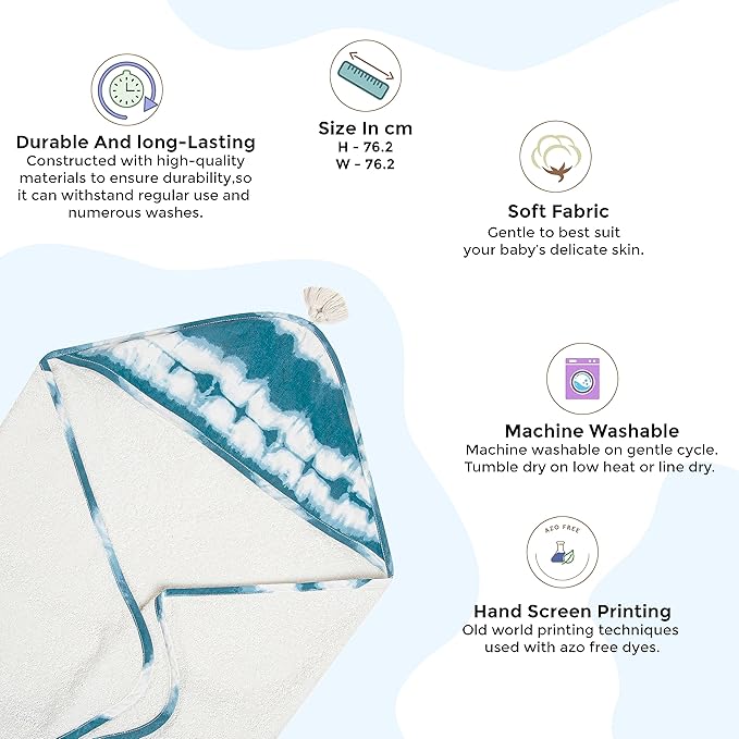 Crane Baby Hooded Towel, 100% Cotton & Terry Cloth Hooded Baby Towels for Boys & Girls, Blue Tie-Dye, 30" w x 30" h, Hooded Baby Beach Towel, Baby Pool Towel, Baby Bath Towel, Hooded Towels for Baby