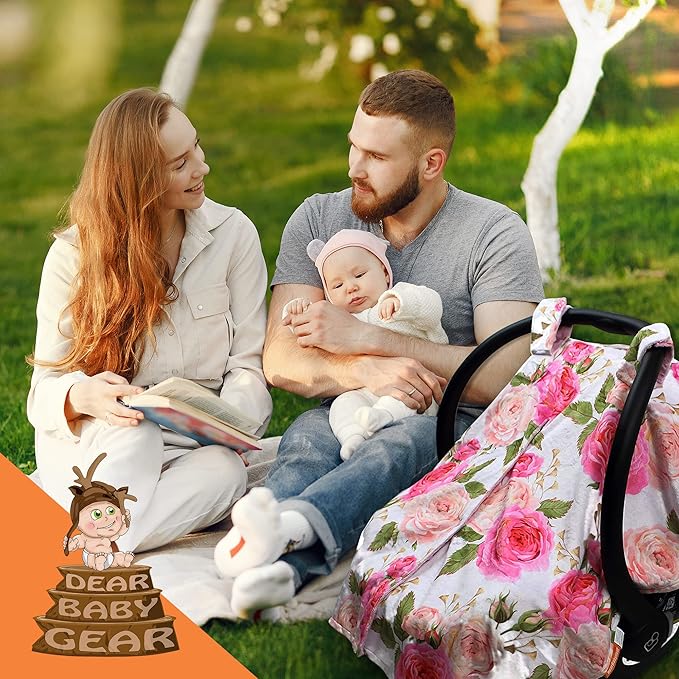 Dear Baby Gear Car Seat Cover for Boys & Girls - Baby Carseat Canopy w/Snap Opening - Infant Seat Cover - Stroller & Nursing Covers - Newborn Carrier Canopy - 40x30 (Pink Rose - Pink Dot)