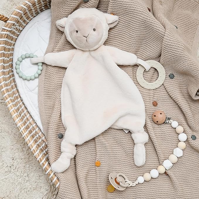 Loveys for Babies, Lovey Including Silicone Teether, Soft Stuffed Animals Security Blanket, Baby Snuggle Toy, for Newborn Boys and Girls(Cute Lamb)