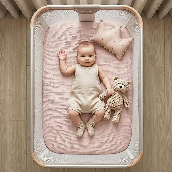 Muslin Bassinet Sheet Compatible with Mika Micky & Baby Delight Bedside Sleeper - 100% Cotton Rectangular Mattress Pad Cover (35"x20"), Breathable & Soft, Boho (1 Pack Pink)