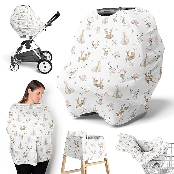 Sweet Jojo Designs Woodland Deer Floral Girl Infant Baby Car Seat Cover Nursing Breastfeeding Shopping Cart Stroller Canopy Blush Pink Mint Green Boho Watercolor Bohemian Forest Animal Shabby Chic
