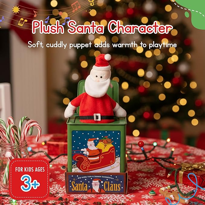Jack Rabbit Creations Santa Claus Jack in The Box Toy, Plush Santa, Side Crank Plays We Wish You A Merry Christmas, Surprise Pop-Up, Kids Age 3+