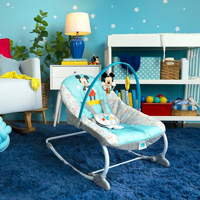 Bright Starts Disney Baby Mickey Mouse Infant to Toddler Rocker & Seat with Vibrations and Removable -Toy Bar, 0-30 Months Up to 40 lbs (Original Bestie)