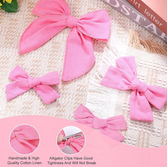 4 Pcs Pink Cotton Linen Hair Bows, Girls Bows for Hair, Toddler Hair Bows, Alligator Clips Knot Hair Bows for Girls, Light Pink, 3 Styles & 3 Sizes