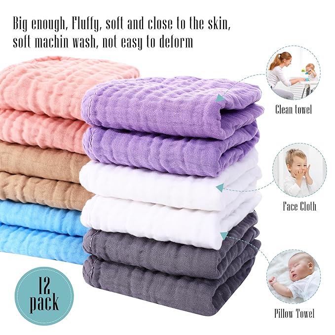 Cute Castle 12 Pack Muslin Burp Cloths for Baby - Ultra-Soft 100% Cotton Baby Washcloths - Large 20'' by 10'' Super Absorbent Milk Spit Up Rags - Burpy Cloths for Unisex, Boy, Girl - Multicolor