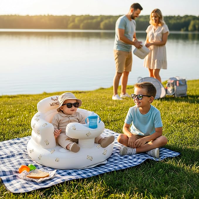 Inflatable Baby Seat for Babies 3-36 Months Blow Up Chair for Babies Infants Toddler Floor Sitting Up with Built in Air Pump (White, Bear)