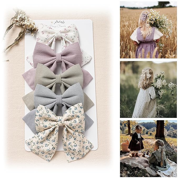 Hair Bows with Hair Clips for Girls Toddler Baby,Handmade 5" Flower Print Embroider Big Bows,FANCY CLOUDS Boutique Hair Accessorioes Gifts for School Kids