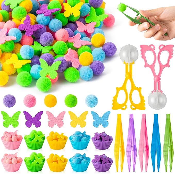 EZdhuawuse Spring Butterfly Sensory Bin Fillers - 268Pcs Easter Butterfly Fine Motor Skills Toys Color Counting Sorting Set for Kids, Felt Decor Pom Poms Cup Clip for Preschool Education Activities
