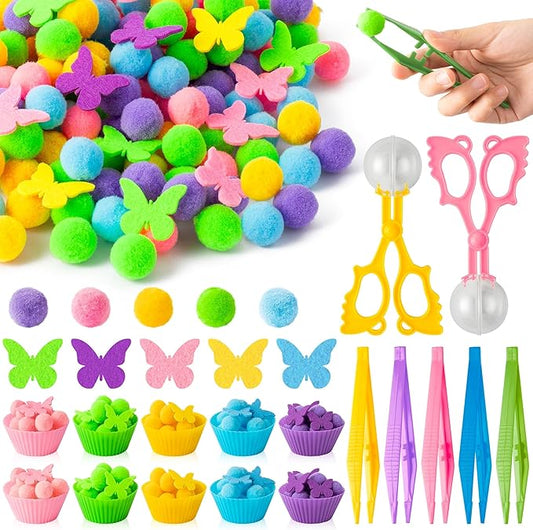 EZdhuawuse Spring Butterfly Sensory Bin Fillers - 268Pcs Easter Butterfly Fine Motor Skills Toys Color Counting Sorting Set for Kids, Felt Decor Pom Poms Cup Clip for Preschool Education Activities
