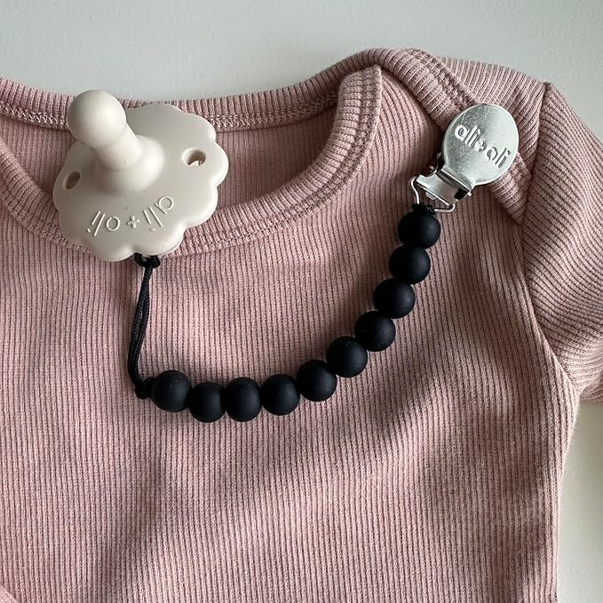 Ali+Oli Silicone Pacifier Clip for Baby (Black) 100% Food-Grade BPA Free Newborn Pacifier Holder Infant Binky Clip for Baby Boy or Girl