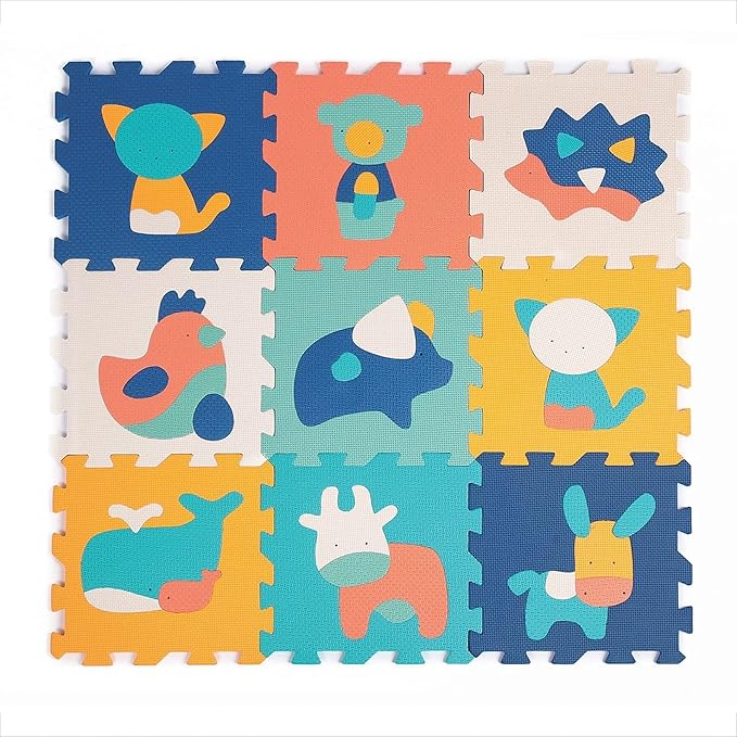 LUDI Animal Rug - Giant Puzzle - 9 Foam Tiles - From 10 Months - Awakening Baby - Develops Wellbeing, Touch, Discovery and Reflection - 90 x 90 x 1.2 cm