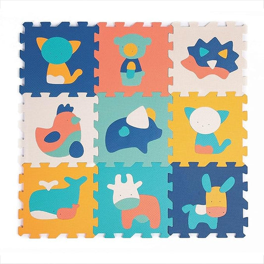 LUDI Animal Rug - Giant Puzzle - 9 Foam Tiles - From 10 Months - Awakening Baby - Develops Wellbeing, Touch, Discovery and Reflection - 90 x 90 x 1.2 cm