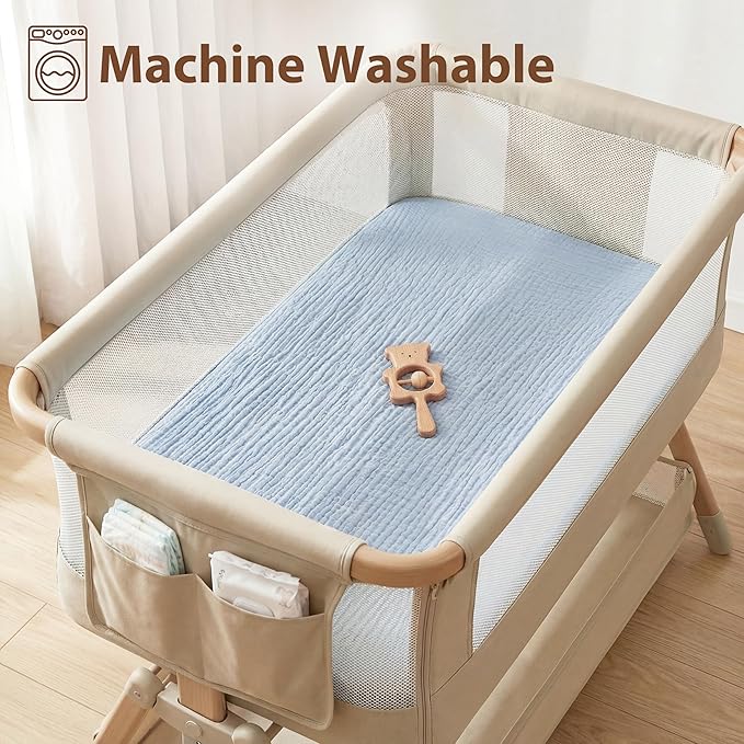 Muslin Bassinet Sheet Compatible with Mika Micky & Baby Delight Bedside Sleeper - 100% Cotton Rectangular Mattress Pad Cover (35"x20"), Breathable & Soft, Boho (1 Pack Blue)