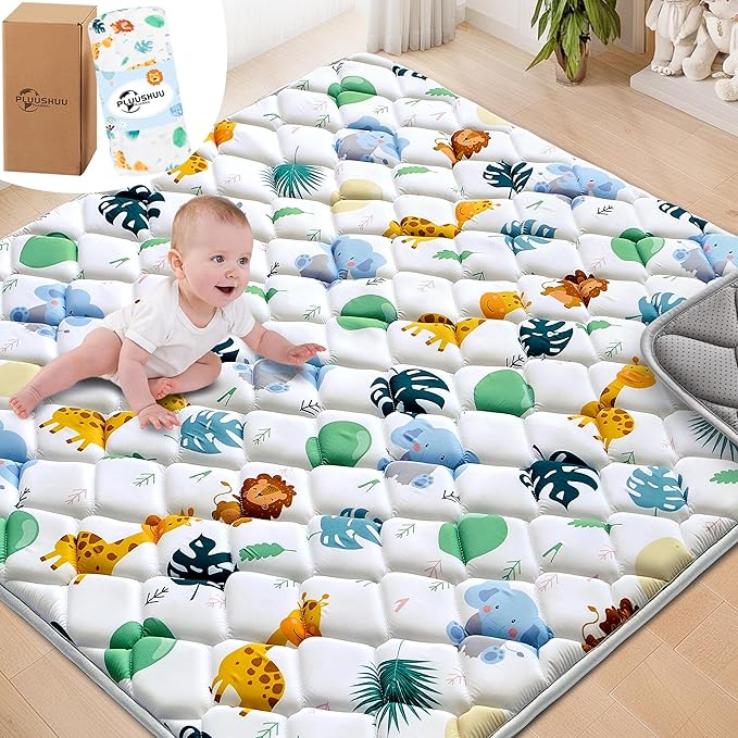 Baby Play Mats for Floor, Playpen Mat for Babies, Extra Thicker & Soft Floor Crawling Mat, Foldable Non-Slip Playmat Cushioned for Infants Toddlers (White-green, 50x50 Inch)