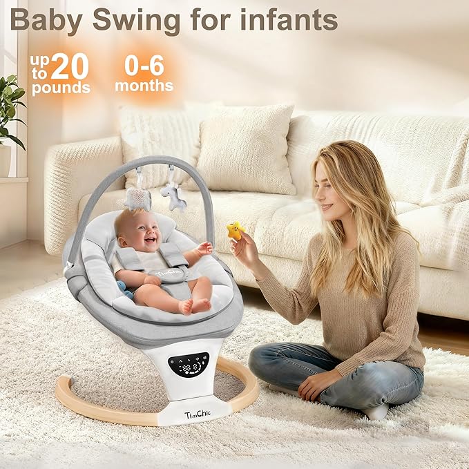 Baby Swings for Infants, Portable Infant Swing with 5-Speeds, 3-Adjustable Height, 3 Timer & 12 Lullabies, Mutil-Function Electric Swing for Baby, Indoor & Outdoor Use (Gray)