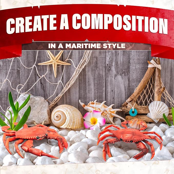 2 Pcs Red Plastic Crab Toy - Crab Decor with Realistic Marine Details, 6.6 X 5.3" Plastic Figurines - Ocean Style Decorations for Beach Theme Displays, Cake Toppers, Aquarium Decor & Seaside Events