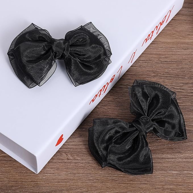 4 inch Black Organza Double Hair Bows Alligator Clips Mesh Ribbon Tulle Decorative Hair Bow Barrettes Halloween Wedding Party Dress Accessory for Toddler Teen Girls Kids