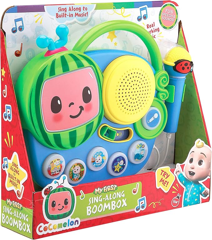 EKids Cocomelon Toy Singalong Boombox with Microphone for Toddlers and Young Children, Built-in Music and Flashing Lights, for Fans of Cocomelon Toys and Gifts