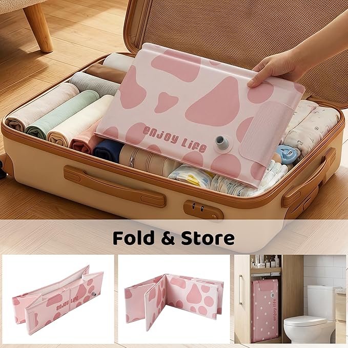 Collapsible Baby Bathtub for Newborn to Toddler, Foldable Toddler Bathtub with Drain Plug, Non-Slip Portable Infant Bath Tub for Travel Storage Outdoor Use, Milk Beige Pink