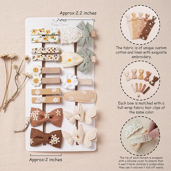16 Pcs Hair Clips for Girls with Bows Butterfly Flower,2" Fully Lined Alligator Clips and Barrettes,Handmade Hair Accessories for Baby Toddler Young Kids School Age Girls Gifts