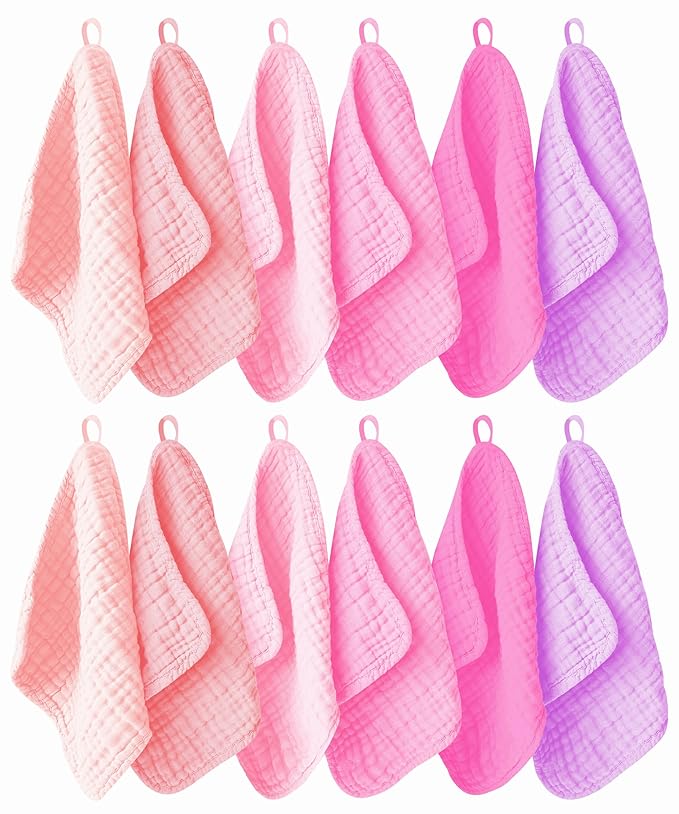 Ease Cubs 12 Pack Muslin Washcloths for Baby - 100% Cotton Baby Wash Cloths for or Baby Face Body Comfy and Soft for Newborn Infants Kids Girls and Boys - 12"x12" - Pink, Purple and Sakura Series