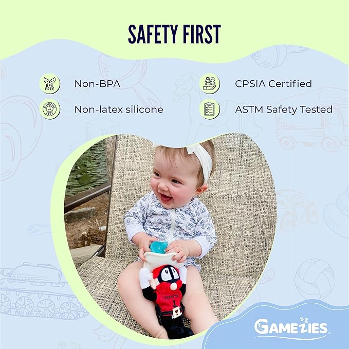 Gamezies Baby Boy and Girl Silicone Texas Tech University Raider Red Mascot Plush Pacifier, Collegiately Licensed, Removable, Washable Plush Toy CPSIA Tested, BPA-Free 0-6 Months