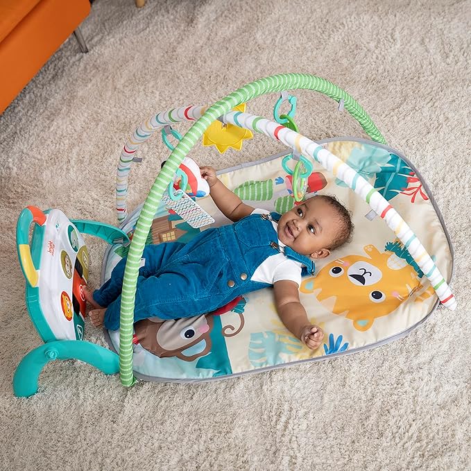 Bright Starts 4-in-1 Groovin’ Kicks Piano Gym, Tummy Time Play Mat & Activity Baby Toys, Green - Tropical Safari, Newborn to Toddler