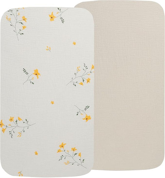 Onacosht Muslin Mini Crib Sheets, 39" x 27" Pack and Play Mattress Sheets Fitted for Pack N Play, Soft Cotton for Boys Girls, 2 Pack, Beige and Yellow Blossom