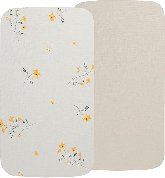 Onacosht Muslin Crib Sheets for Boys Girls, Soft Breathable 100% Cotton Baby Fitted Sheet 52" x 28" for Standard Toddler Crib Mattress, 2 Pack, Beige and Yellow Blossom