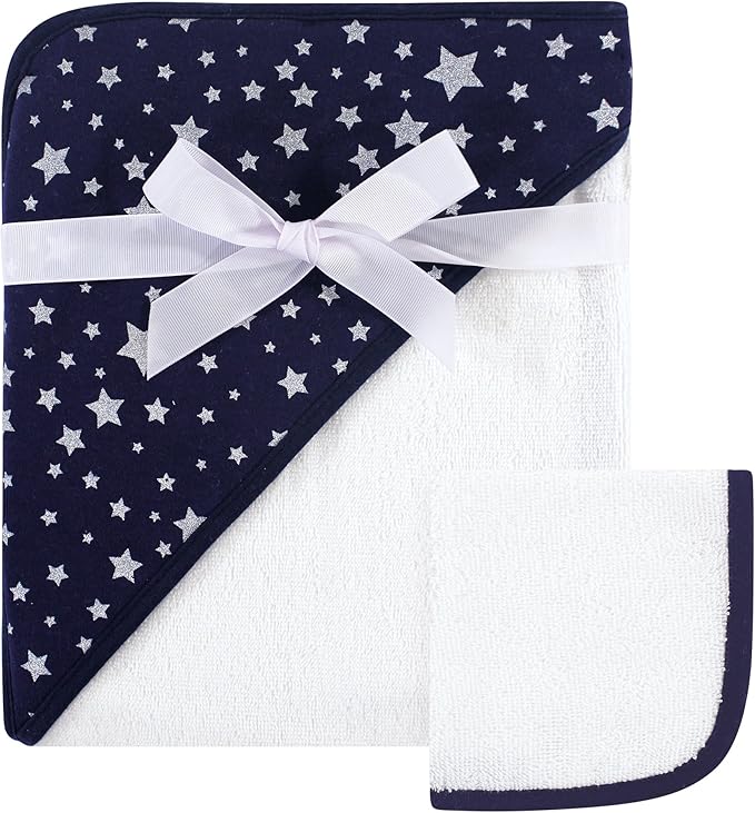 Hudson Baby Unisex Baby Cotton Hooded Towel and Washcloth, Navy Silver Star, One Size
