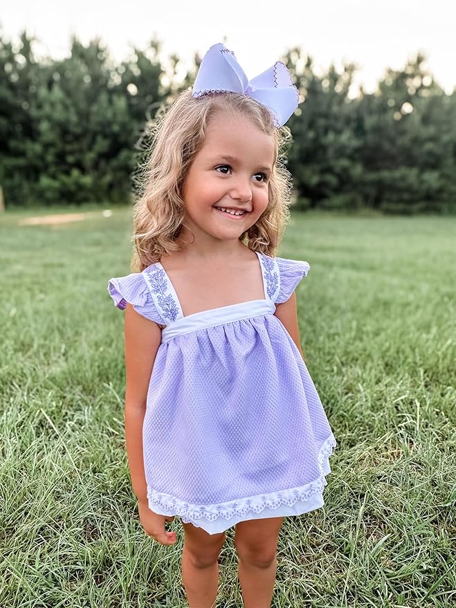 Wee Ones Girls' Classic Grosgrain Moonstitch Edge Hair Bow, No-Slip Hair Clip, Handmade, White with Light Orchid, King