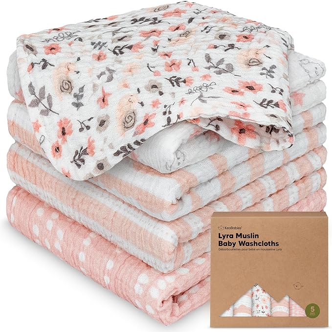 5-Pack Muslin Baby Washcloths for Newborn – 12x12" Soft Absorbent Organic Cotton Muslin Wash Cloths for Babies Girl, Boy, Infant, Toddlers, Kids Face Towel,Bath Essentials,Baby Burp Rags (Sweet Charm)