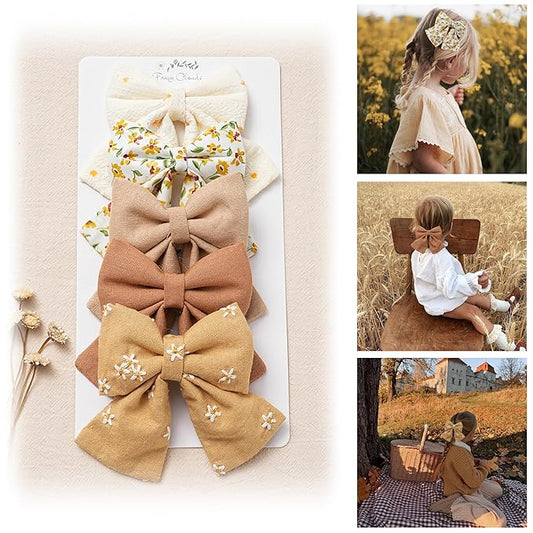 Hair Bows with Hair Clips for Girls Toddler Baby,Handmade 5" Flower Print Embroider Big Bows,FANCY CLOUDS Boutique Hair Accessorioes Gifts for School Kids