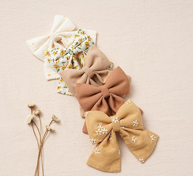 Hair Bows with Hair Clips for Girls Toddler Baby,Handmade 5" Flower Print Embroider Big Bows,FANCY CLOUDS Boutique Hair Accessorioes Gifts for School Kids