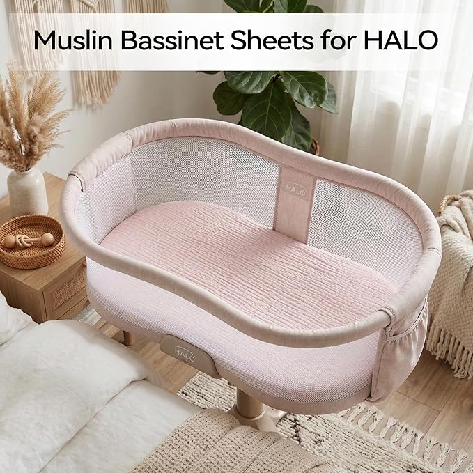 Muslin Bassinet Sheet Compatible with Halo BassiNest Swivel Sleeper - 100% Cotton Hourglass & Peanut Shape Mattress Pad Cover (30"x18"), Breathable & Soft, Boho (1 Pack Pink)