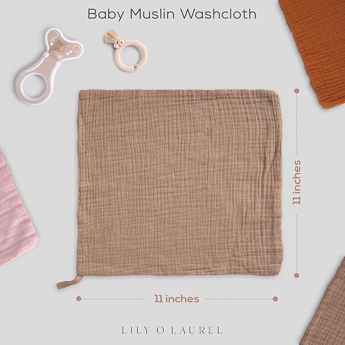 Muslin Baby Washcloths for Newborns, Pack of 8, 11"x11", Super Soft Cotton, Absorbent and Gentle, Baby Cotton Wipes, Baby wash Cloths