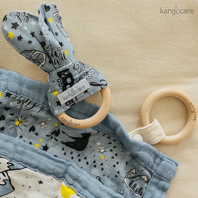 Kanga Care Baby Soft Muslin Sensory Crinkle Bunny Ear Wood Teething Ring - Wander Camping