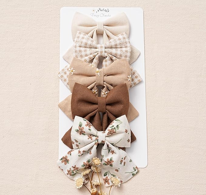 Hair Bows with Hair Clips for Girls Toddler Baby,Handmade 5" Flower Print Embroider Big Bows,FANCY CLOUDS Boutique Hair Accessorioes Gifts for School Kids