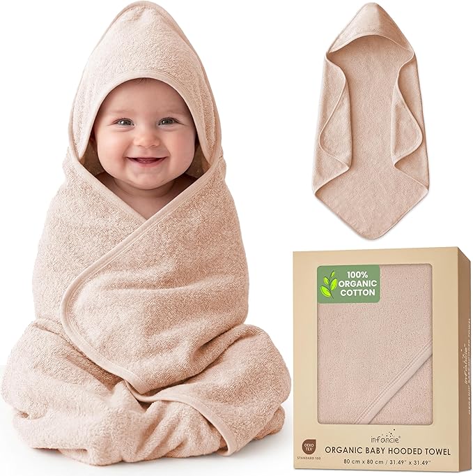 100% Organic Cotton Plush Woven Hooded Baby Bath Towels - Soft and Absorbent 31x31 Inches for Newborns and Kids, Baby Bath & Hooded Towels, Premium Infant Towels (Sand)